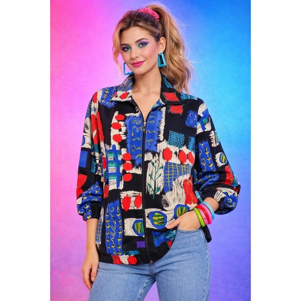 Vintage 80s LORI California Memphis Style Abstract Print Windbreaker Jacket M